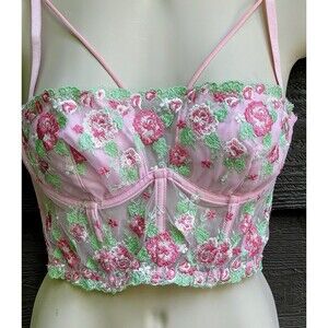 Fairycore Coquette Pink Green Floral Embroidered Corset Top Finesse Olivia M